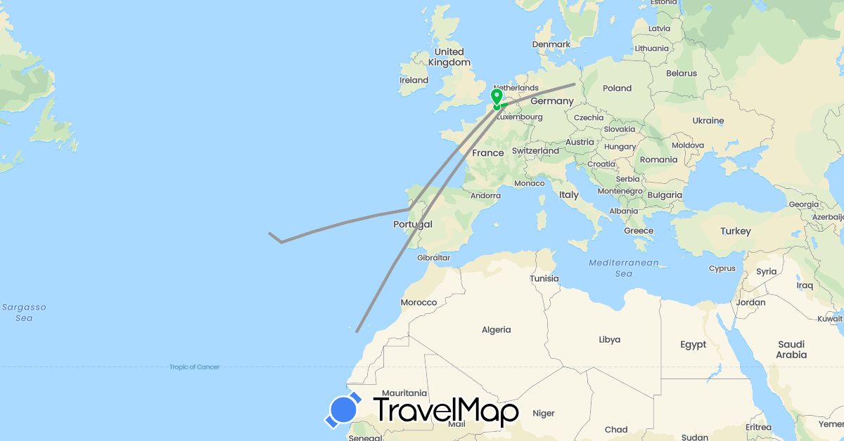 TravelMap itinerary: driving, bus, plane in Belgium, Germany, Spain, France, Portugal (Europe)