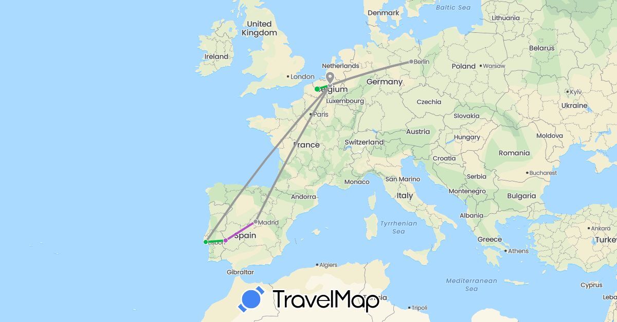 TravelMap itinerary: driving, bus, plane, train in Belgium, Germany, Spain, France, Portugal (Europe)